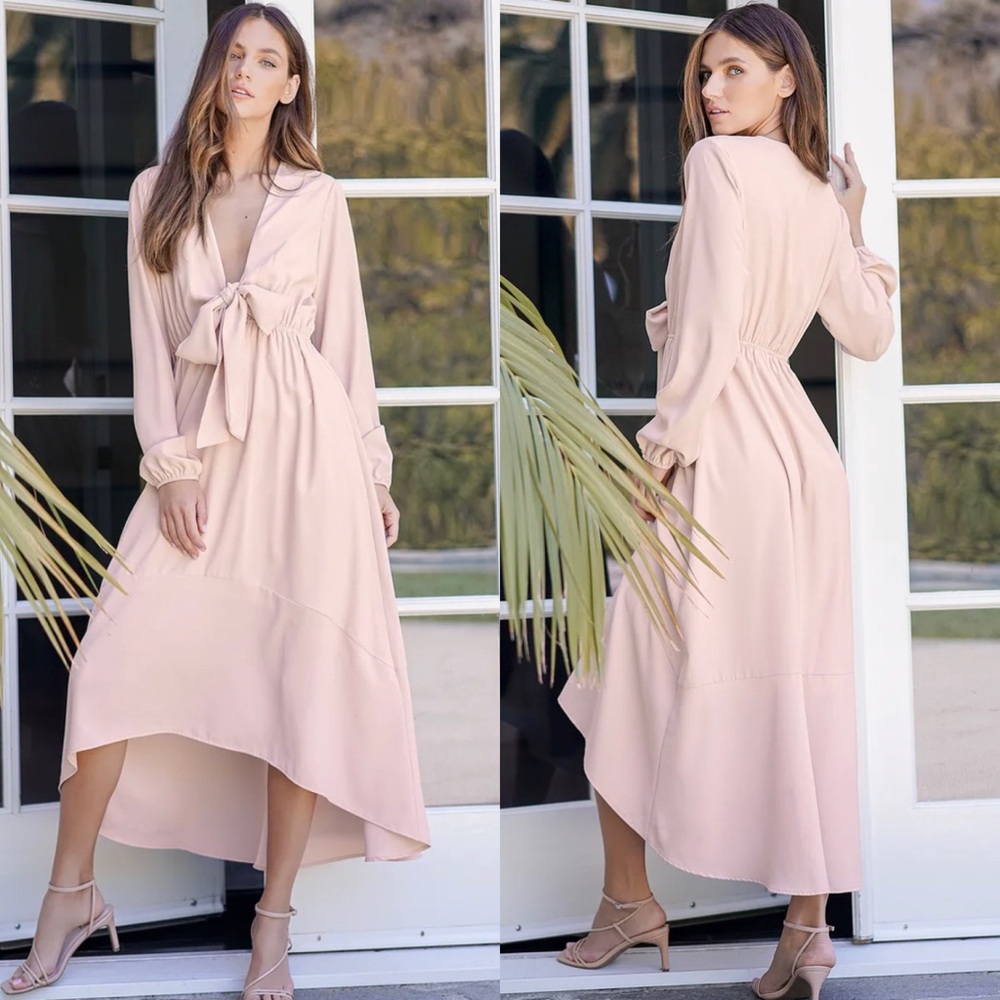 Lulus Beautiful Sight Front Tie Blush Pink Long Sleeve Midi Dress Size Medium